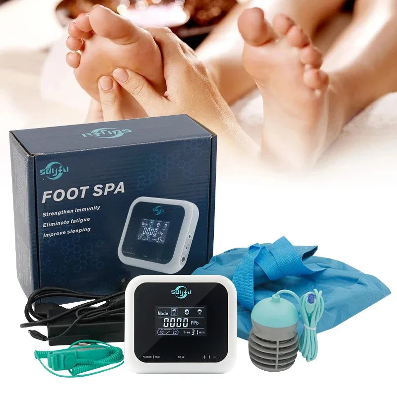 Ionic detox foot spa machine with digital display, ion array, and bath basin for home health therapy and relaxation.