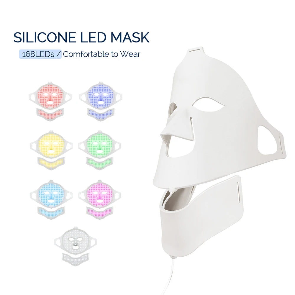 Flexible white silicone LED face and neck mask with seven color light therapy modes and 168 LEDs.