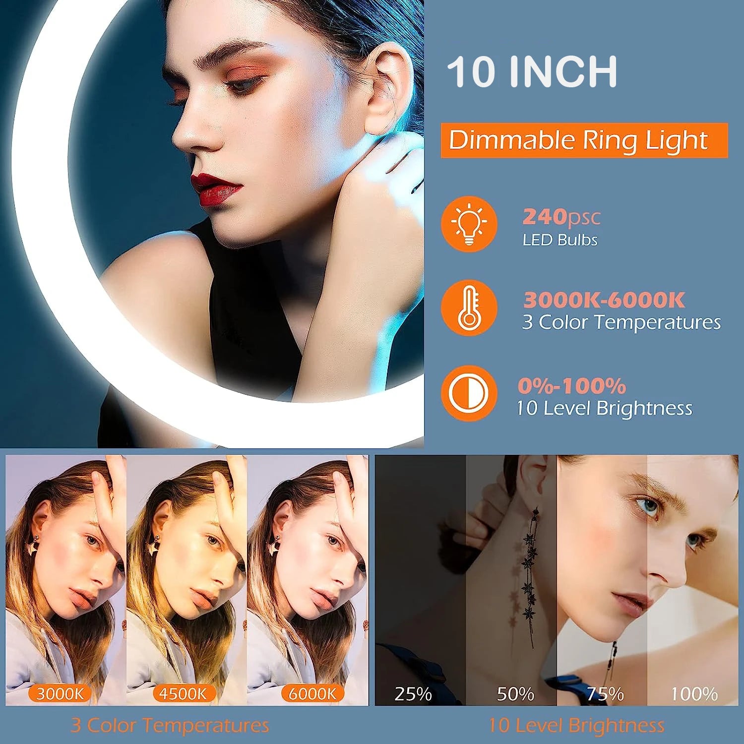 10-inch circular LED ring light with adjustable color temperature and brightness for photography and video lighting.