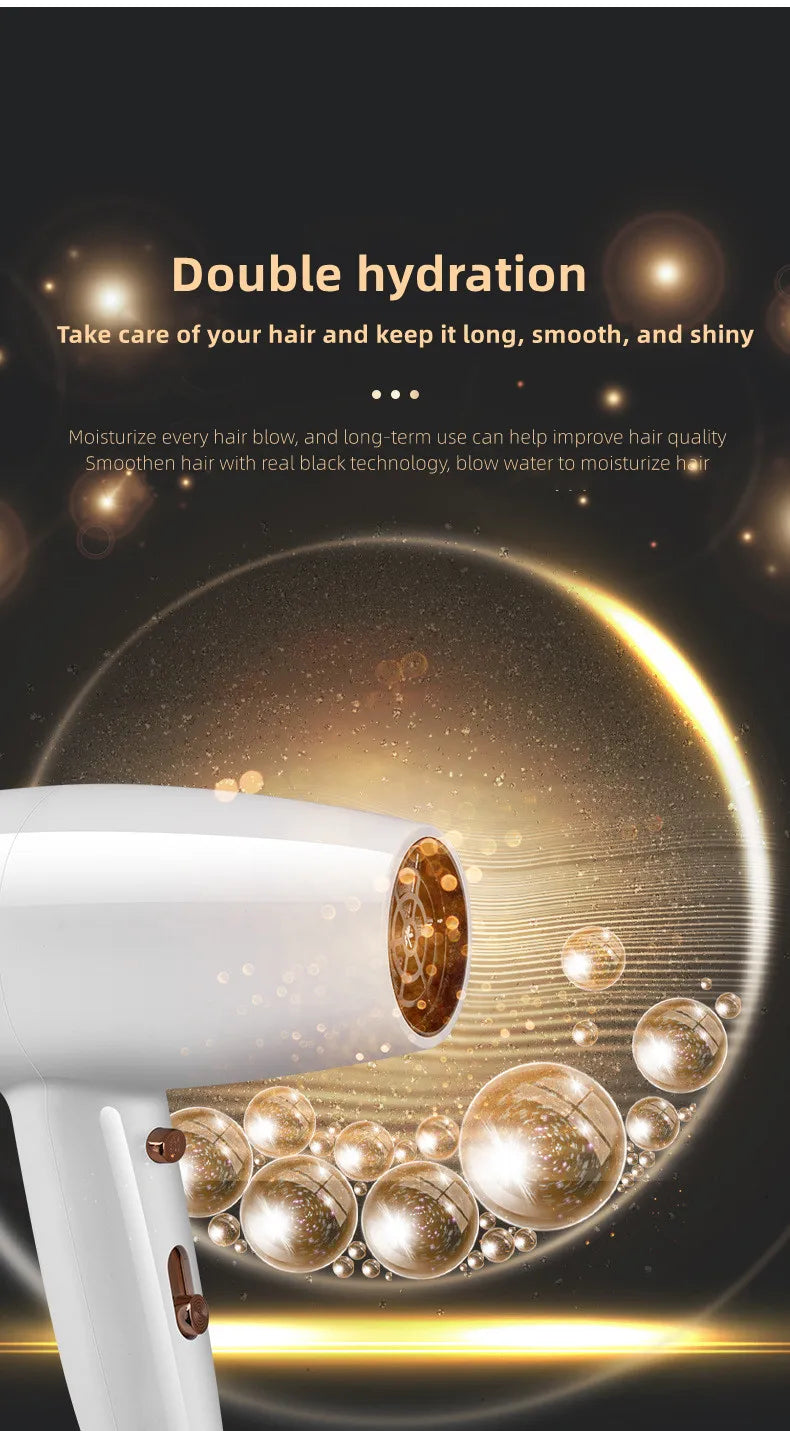 White wall-mounted hair dryer with gold accents, blue light technology for hydration, and smooth professional design.