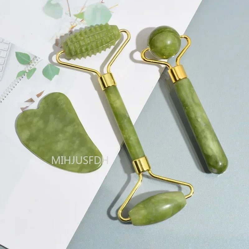 Jade Roller Massager 3-Piece Set for Face and Muscle Relief Back Massage Instrument 3pcs Set Tidesmit