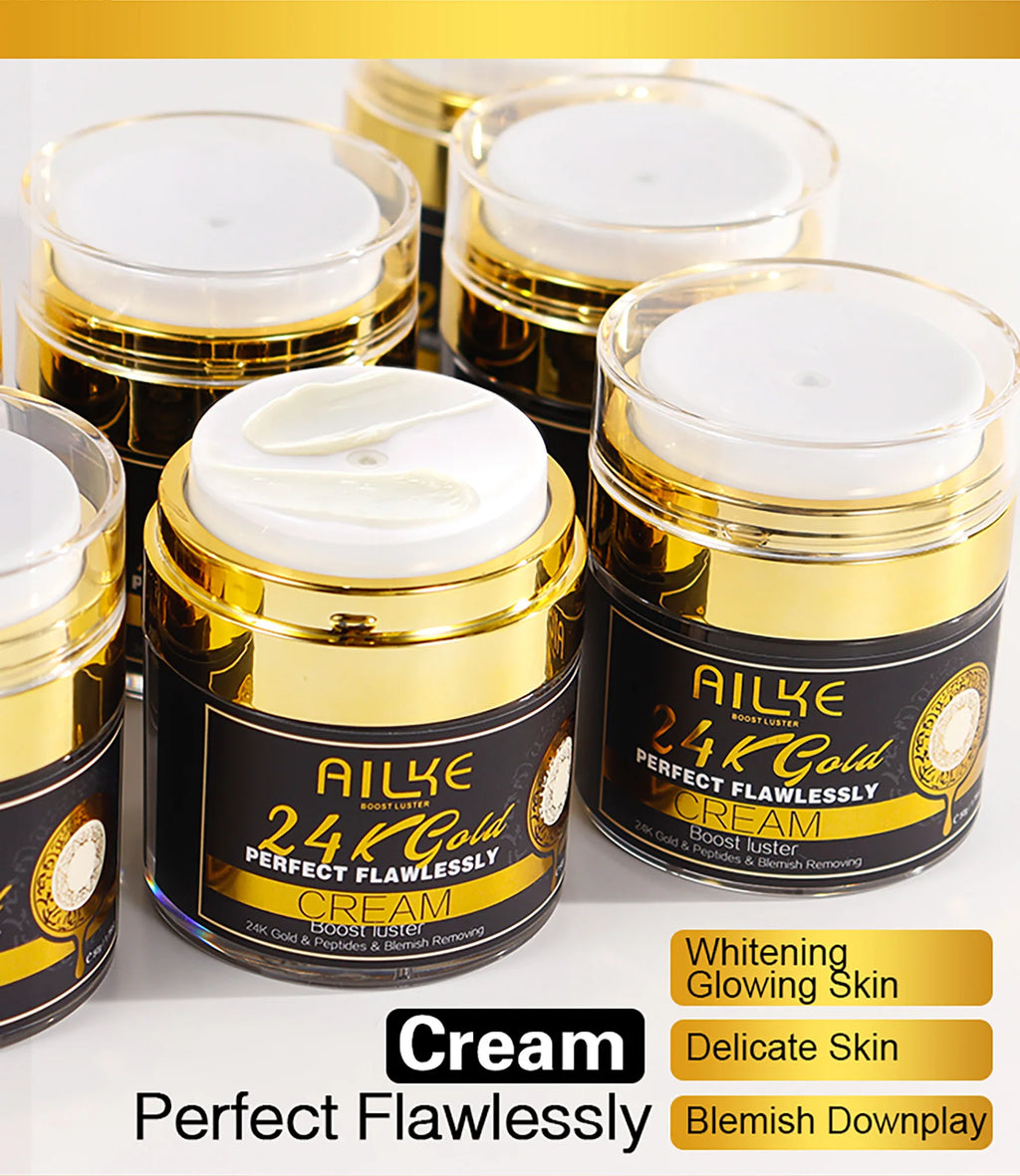 AILKE 24k Gold Flawlessly Whitening Skin Care Set For All Skin Type, Moisturizer, Reduce Black Spots, Smoothing, Brightening