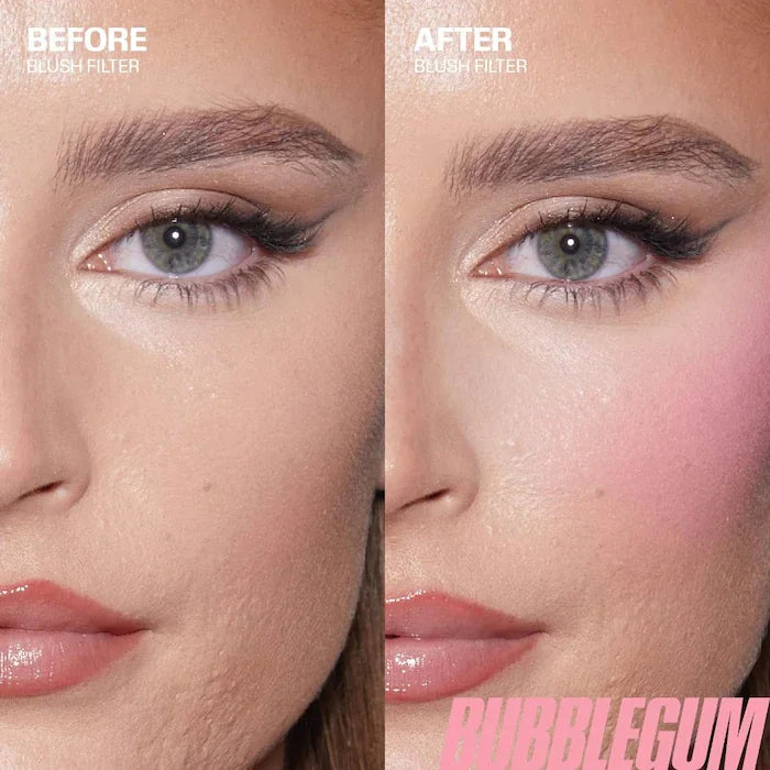 Before and after comparison of hydrating cream blush stick in Bubblegum pink for natural, radiant lip and cheek makeup.