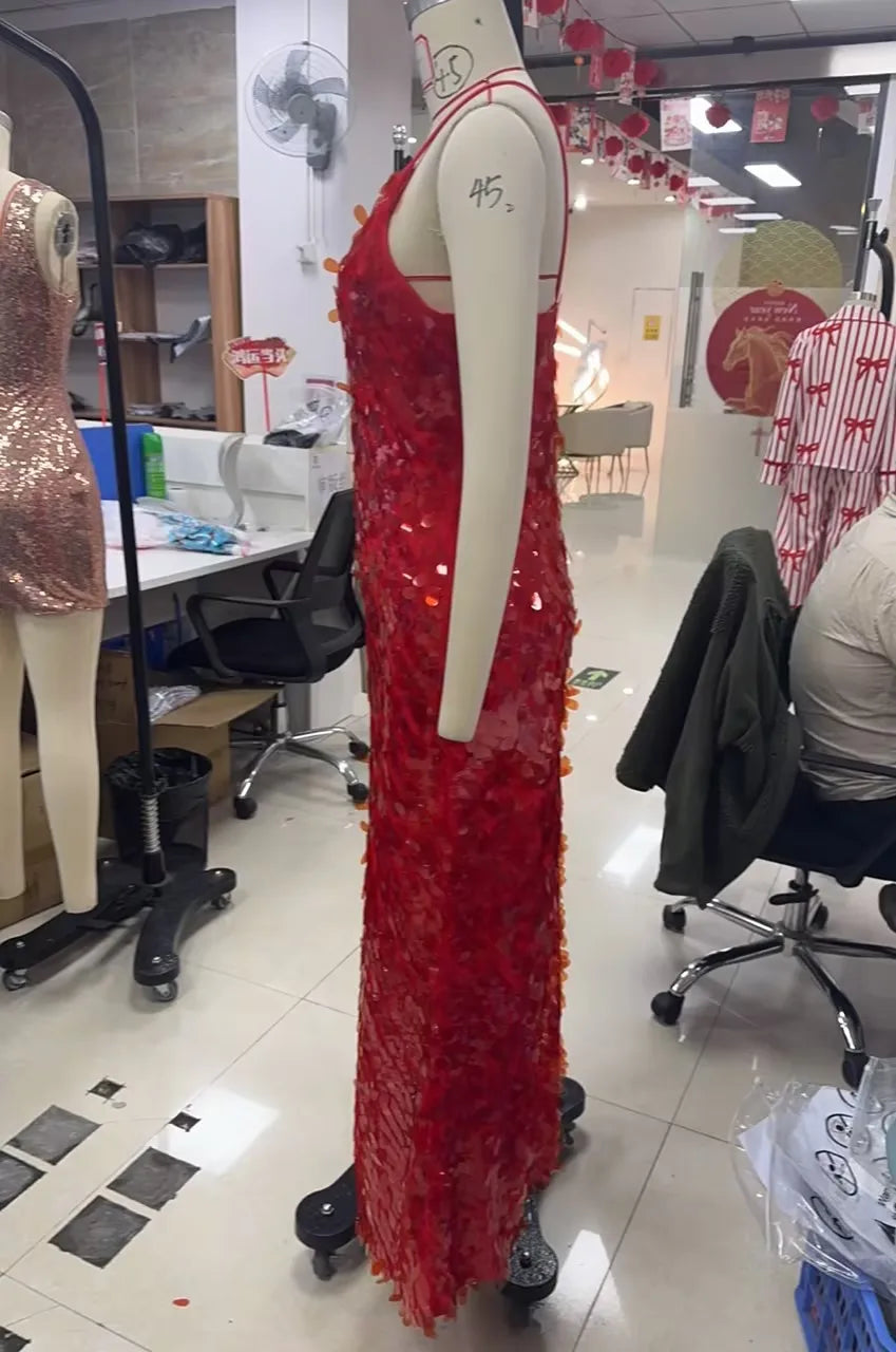 Glitter Sequins Spaghetti Straps Women's Evening Long Maxi Dress Sleeveless Backless High Waist Sexy Lady Birthday Party Gown