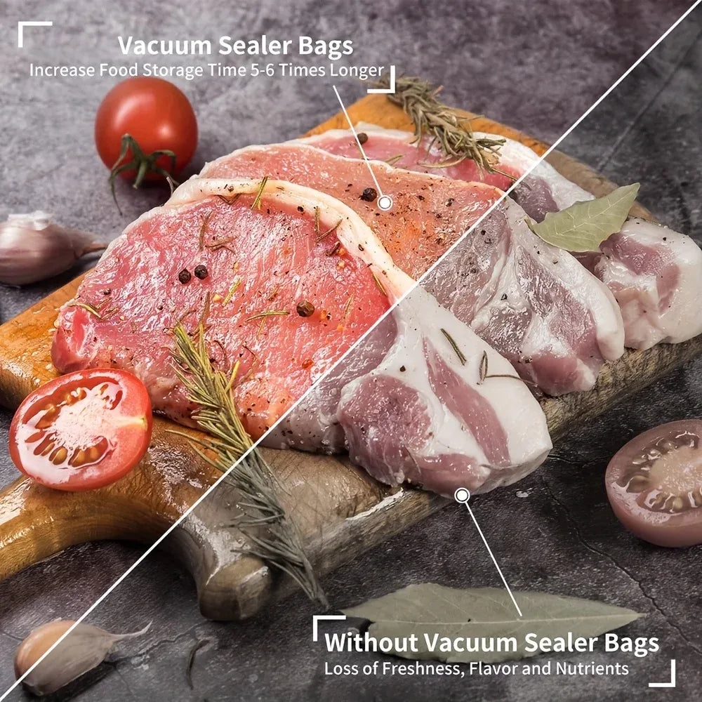 Vacuum sealer bag roll used to cover raw meat and vegetables for storage