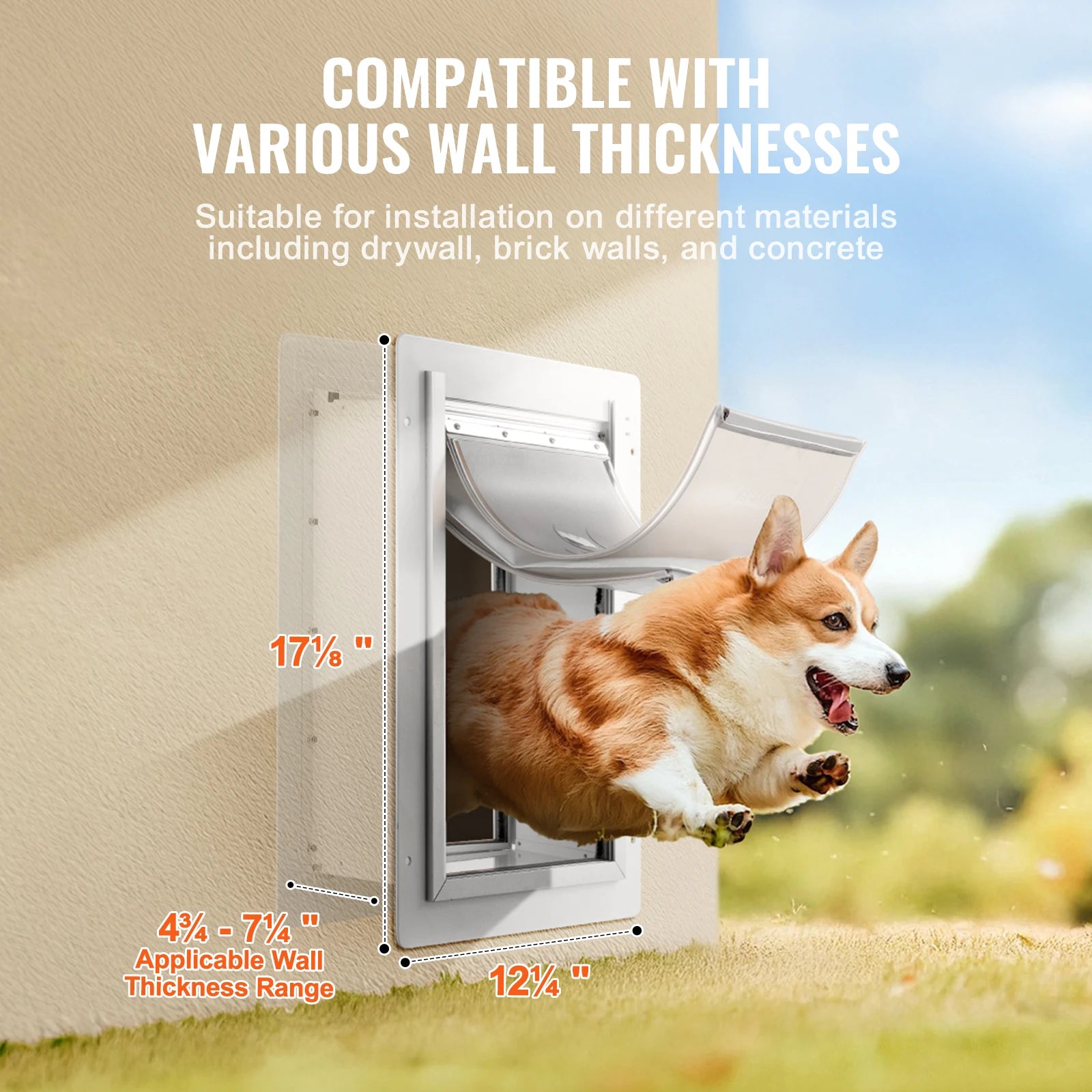 SucceBuy weatherproof metal wall-mount dog door with 3-flap system and lock for easy exterior pet installation.