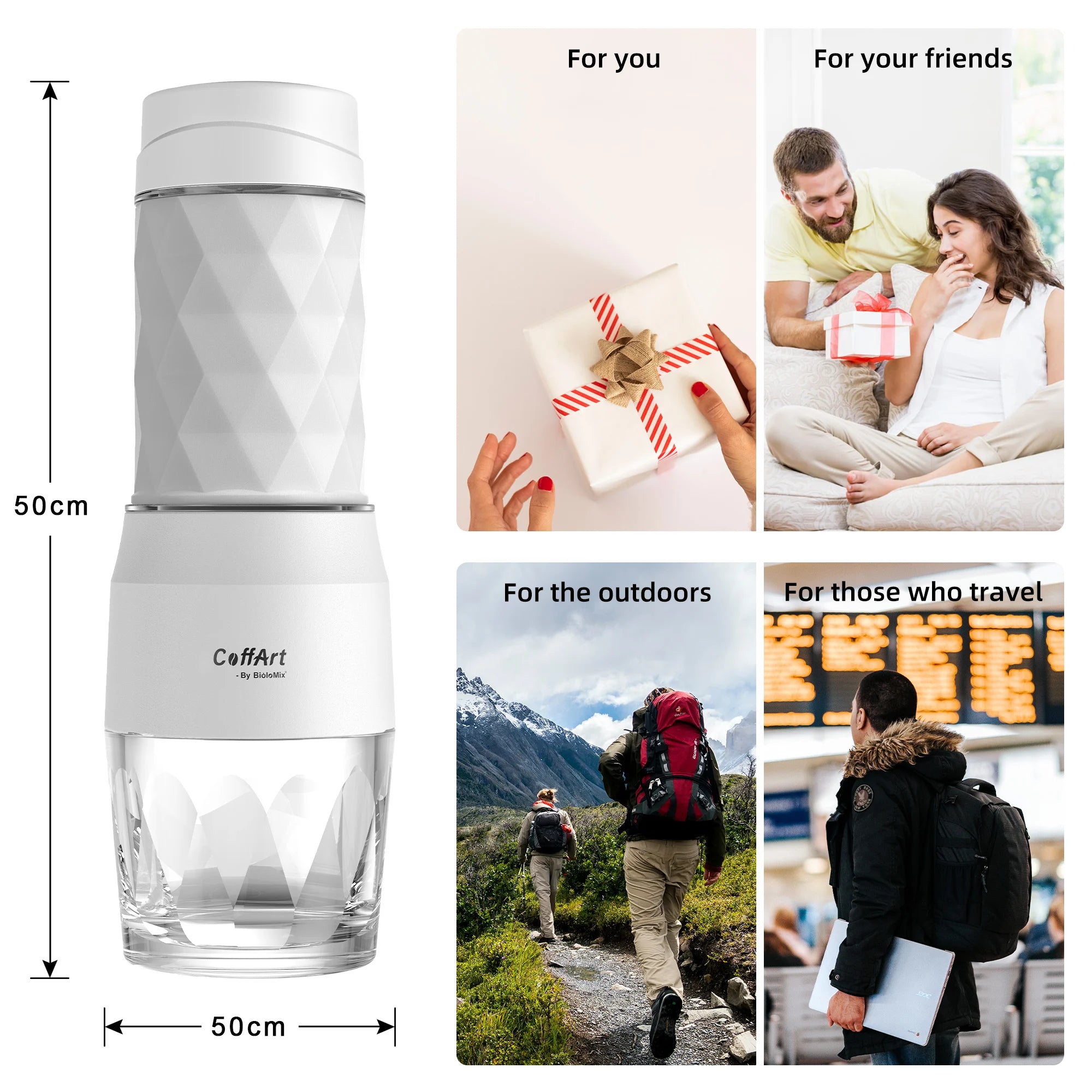 CoffArt by BioloMix portable white coffee maker with geometric design and glass base, perfect for travel and outdoors.