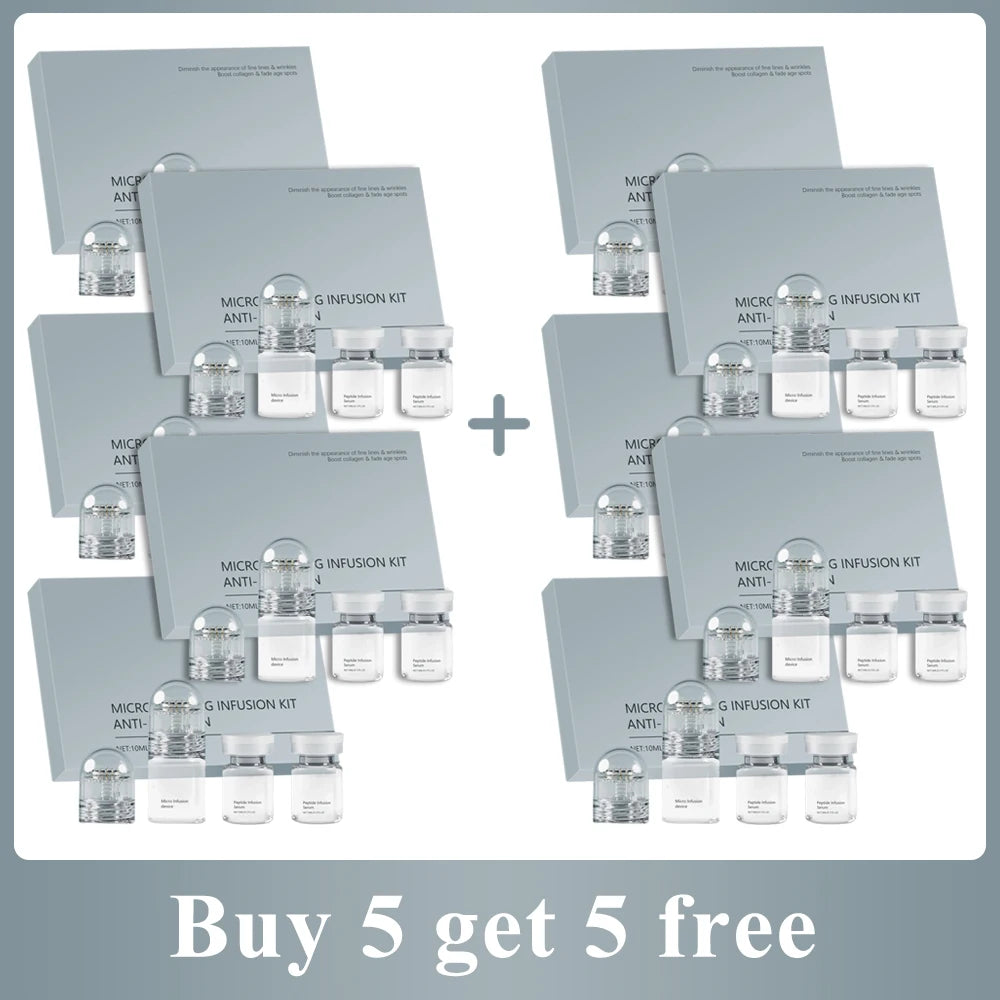 Five sets of Hyaluronic Acid infusion kits with grey boxes, glass serum vials, and micro-infusion applicator heads.
