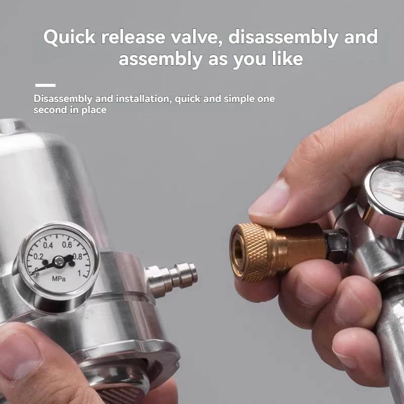 Stainless steel coffee maker parts with a brass quick-release valve and analog pressure gauge for easy assembly.