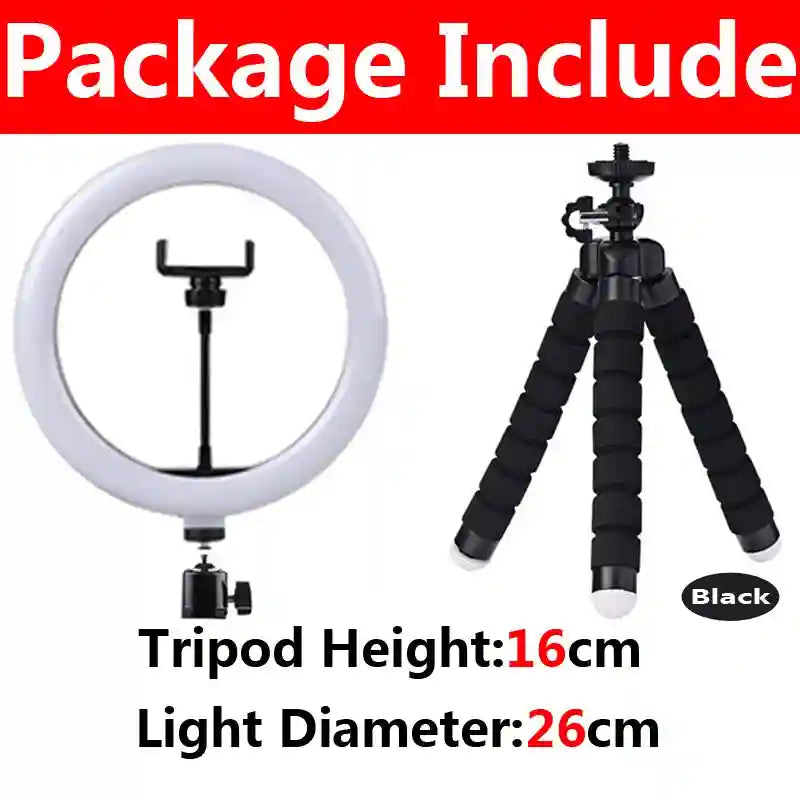 26cm circular LED ring light with phone mount and 16cm flexible black foam tripod for photography and video recording.