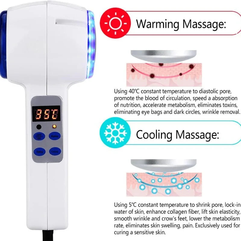 White handheld face massager with digital display, buttons, and blue light for hot and cold skin therapy.