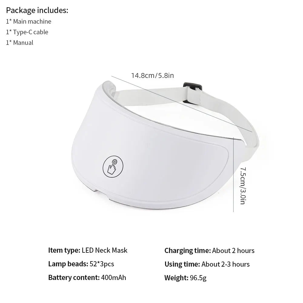 White, curved LED neck mask with an adjustable strap, touch-control button, and dimensions labeled.