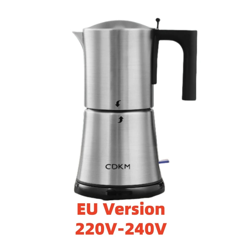 CDKM stainless steel electric moka pot coffee maker, silver finish with black handle, EU 220V-240V plug version.