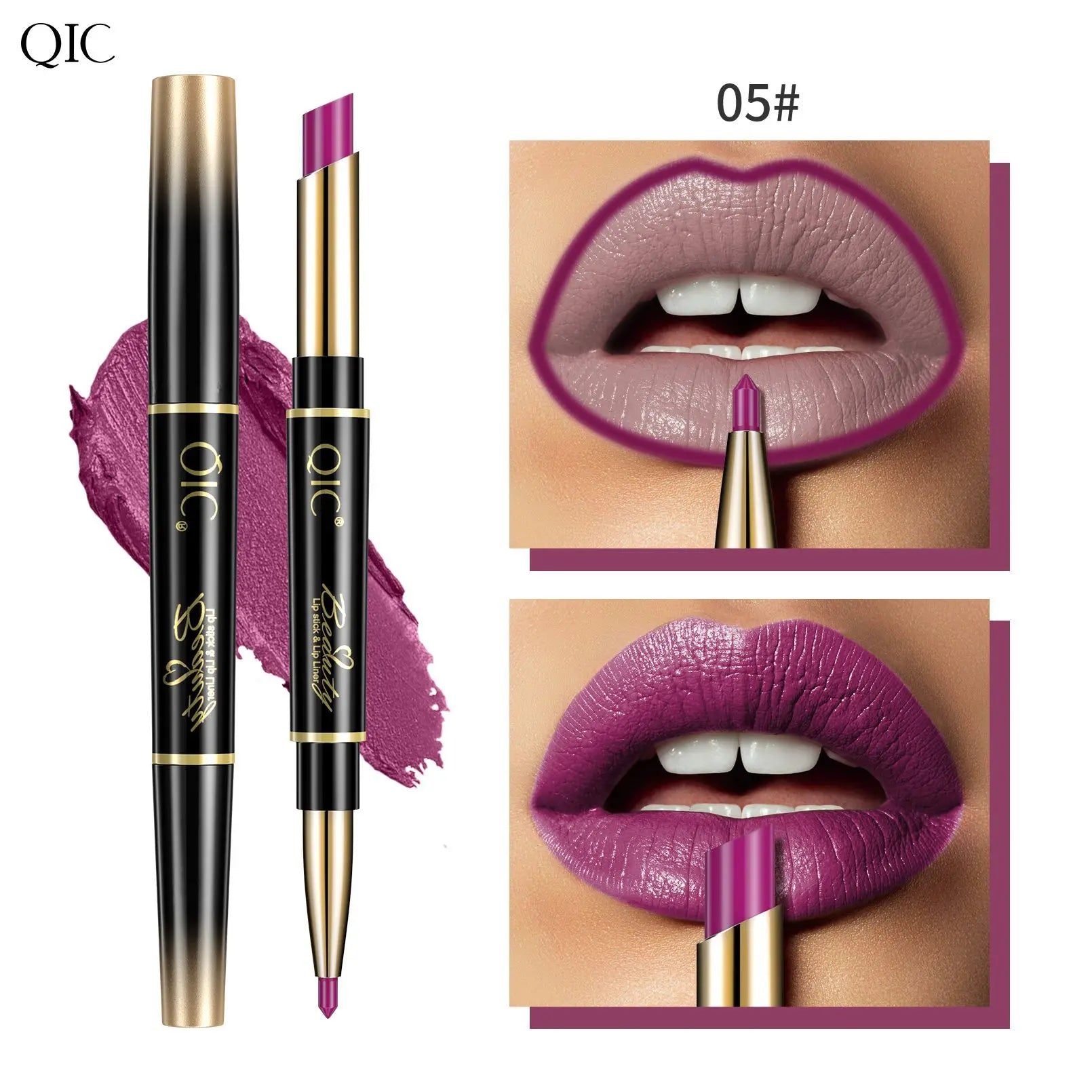 2-in-1 waterproof matte lipstick and lip liner pencil in deep berry mauve with long-lasting creamy texture.