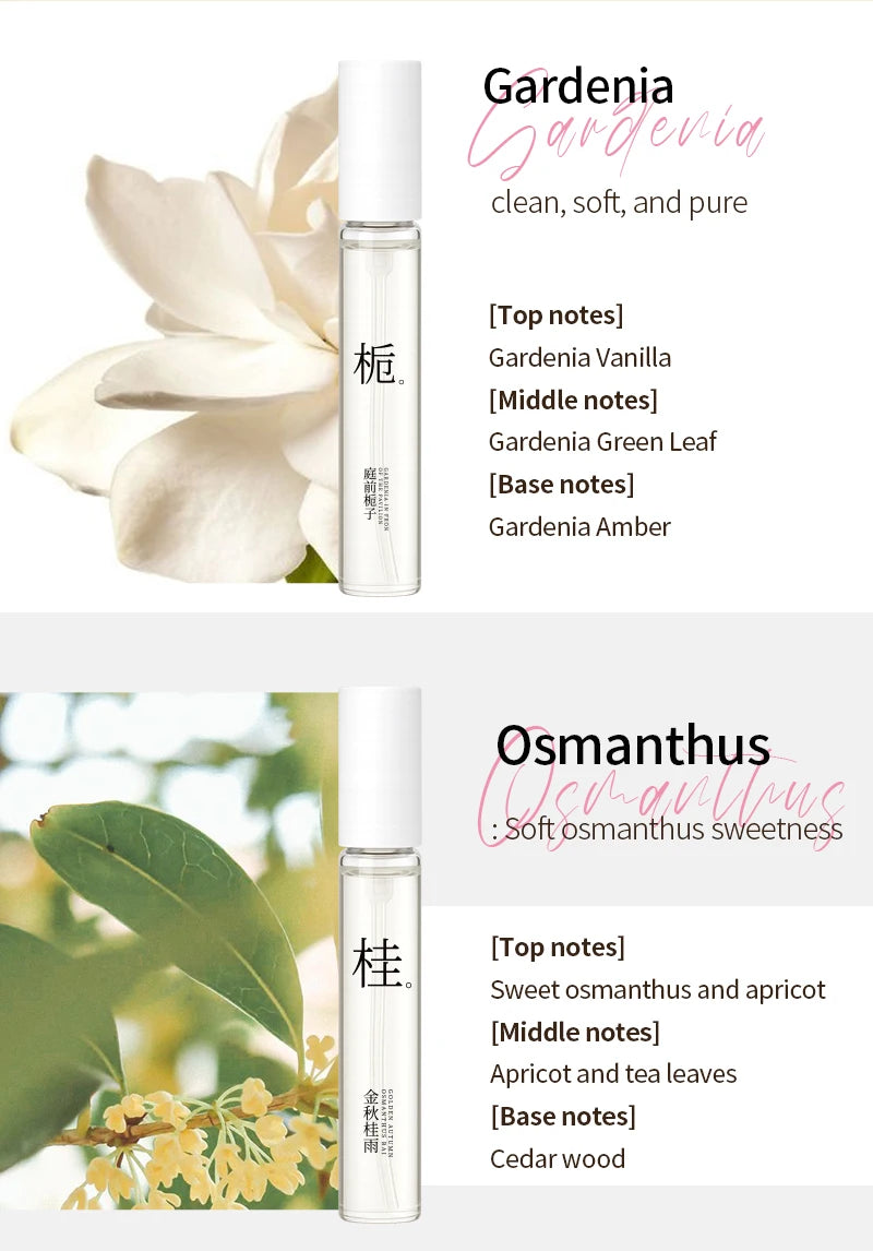 HOPE CHRISTINE 5ml perfume set featuring Gardenia and Osmanthus scents in clear glass spray bottles with white caps.