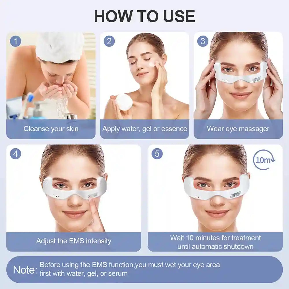 Step-by-step guide on using white electric under-eye massager glasses for red light therapy and EMS fatigue relief.