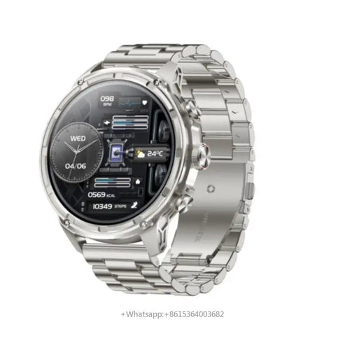 YLL-V99 smart sleep tracker, 1.85-inch waterproof round sports watch with silver metal band, angled studio view.