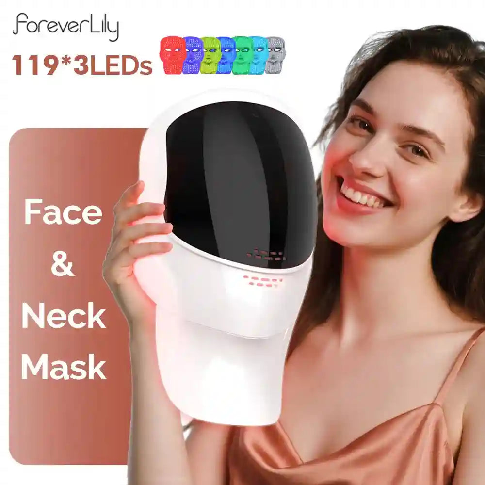 White LED light therapy face and neck mask with a black visor held by a smiling woman.