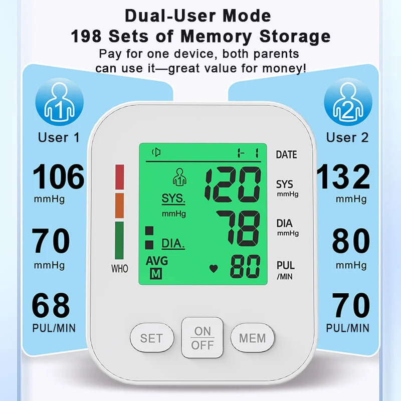LCD Backlight Blood Pressure Test Kit Upper Arm BP Monitor Automatic Tonometer Digital Sphygmomanometer for Home Use Health Care
