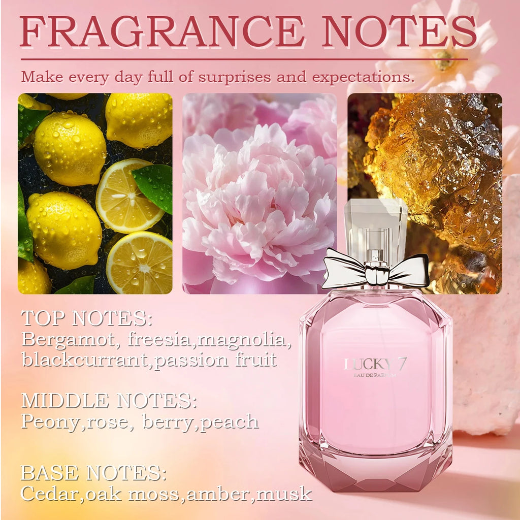 MINISO Lucky 7 Goddess EDP: Floral 100ml perfume for women in a chic faceted bottle with a silver bow cap.