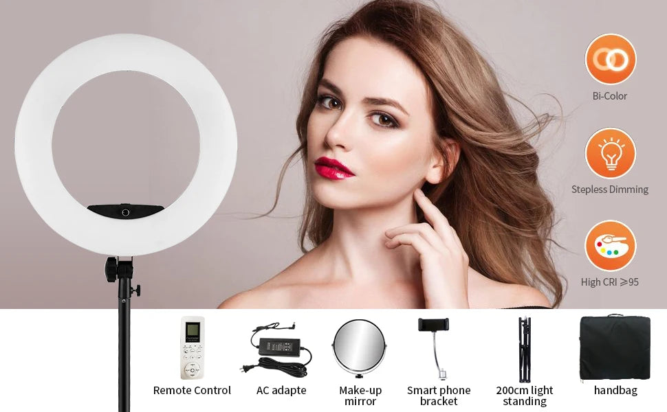 A 200cm LED ring light with bi-color dimming, remote, mirror, phone mount, stand, and carrying bag for photography.