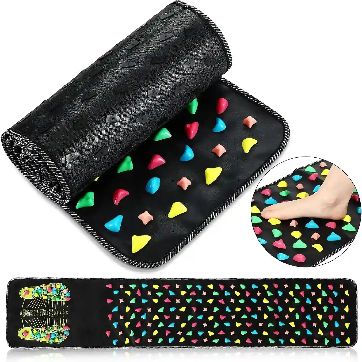 Black reflexology foot massage mat with colorful acupressure stones for home health, pain relief, and circulation.