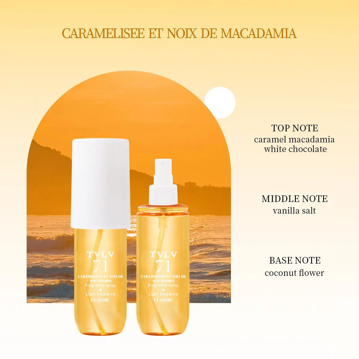 TVLV 71 Caramel Macadamia perfume: alcohol-free, long-lasting Brazilian-style aromatherapy spray in a slim bottle.