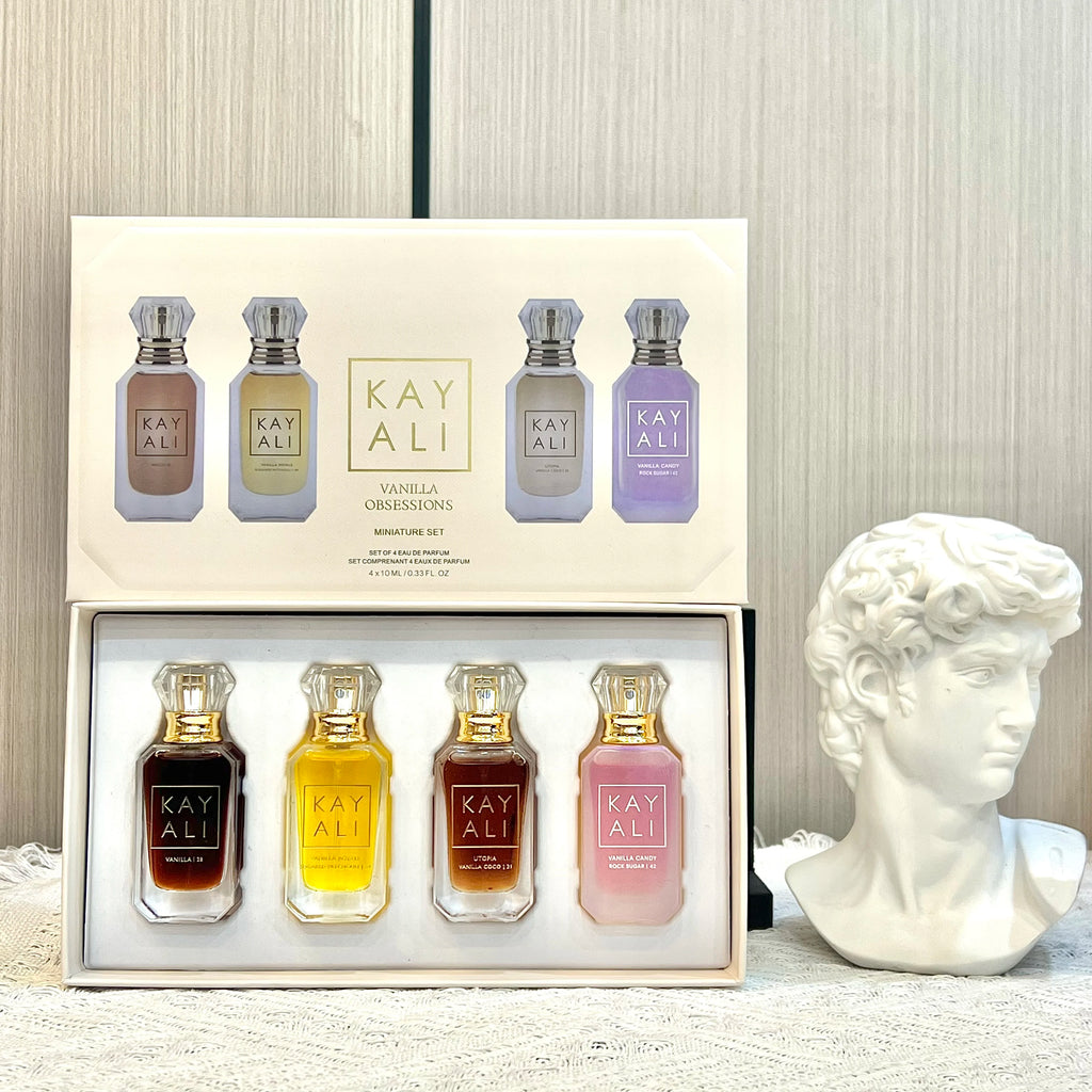 KAYALI Vanilla Obsessions EDP gift set for women: 4x10ml floral, fruity, musk perfumes in iconic glass bottles.