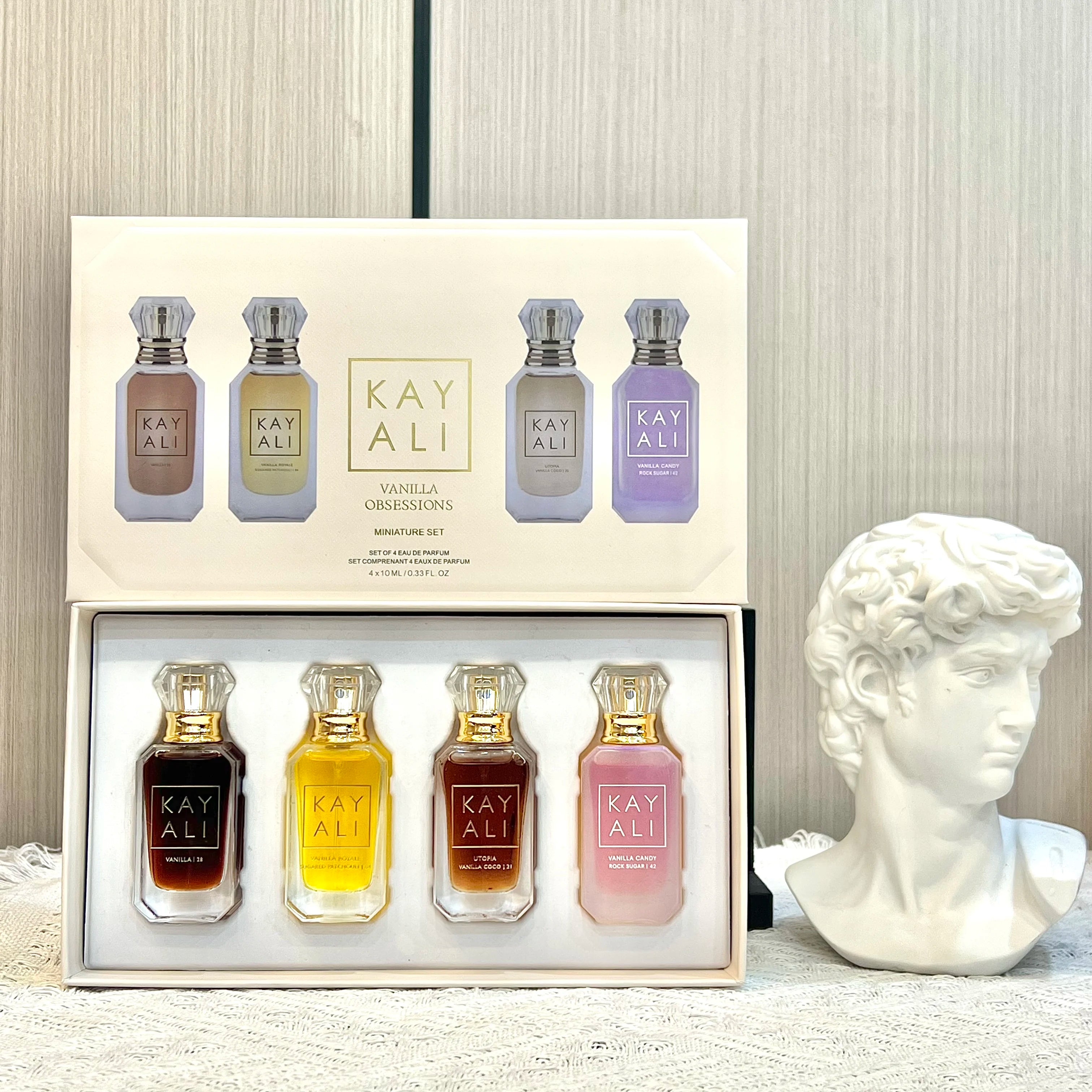 KAYALI Vanilla Obsessions EDP gift set for women: 4x10ml floral, fruity, musk perfumes in iconic glass bottles.