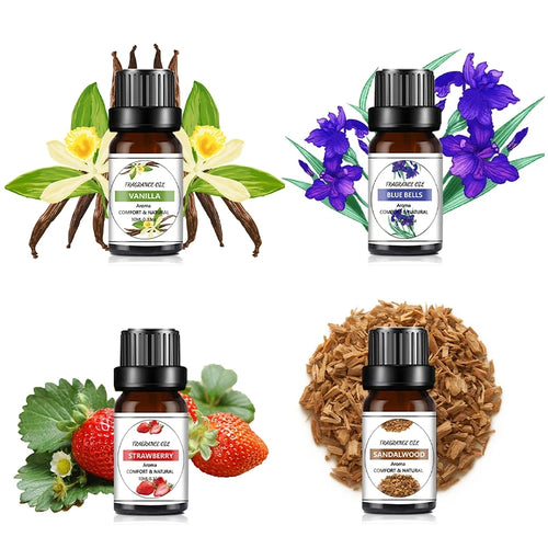 Essential oil set in amber bottles with vanilla, blue bells, strawberry, and sandalwood for wellness aromatherapy.