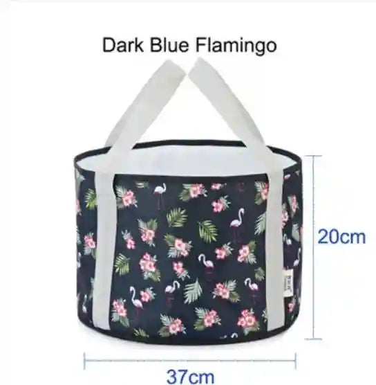Collapsible portable foot spa basin for detox baths, dark blue flamingo print, 37x20cm, home foot bath therapy tub.