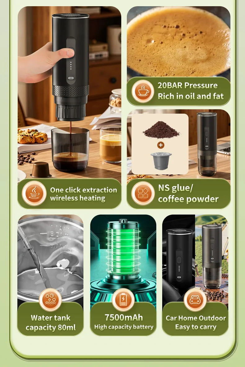 Portable black 80ml electric espresso maker for pods or grounds, featuring 20 bar pressure and 7500mAh battery.