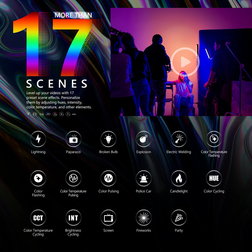 Video lighting remote with 17 preset effect icons for professional video production and lighting control.