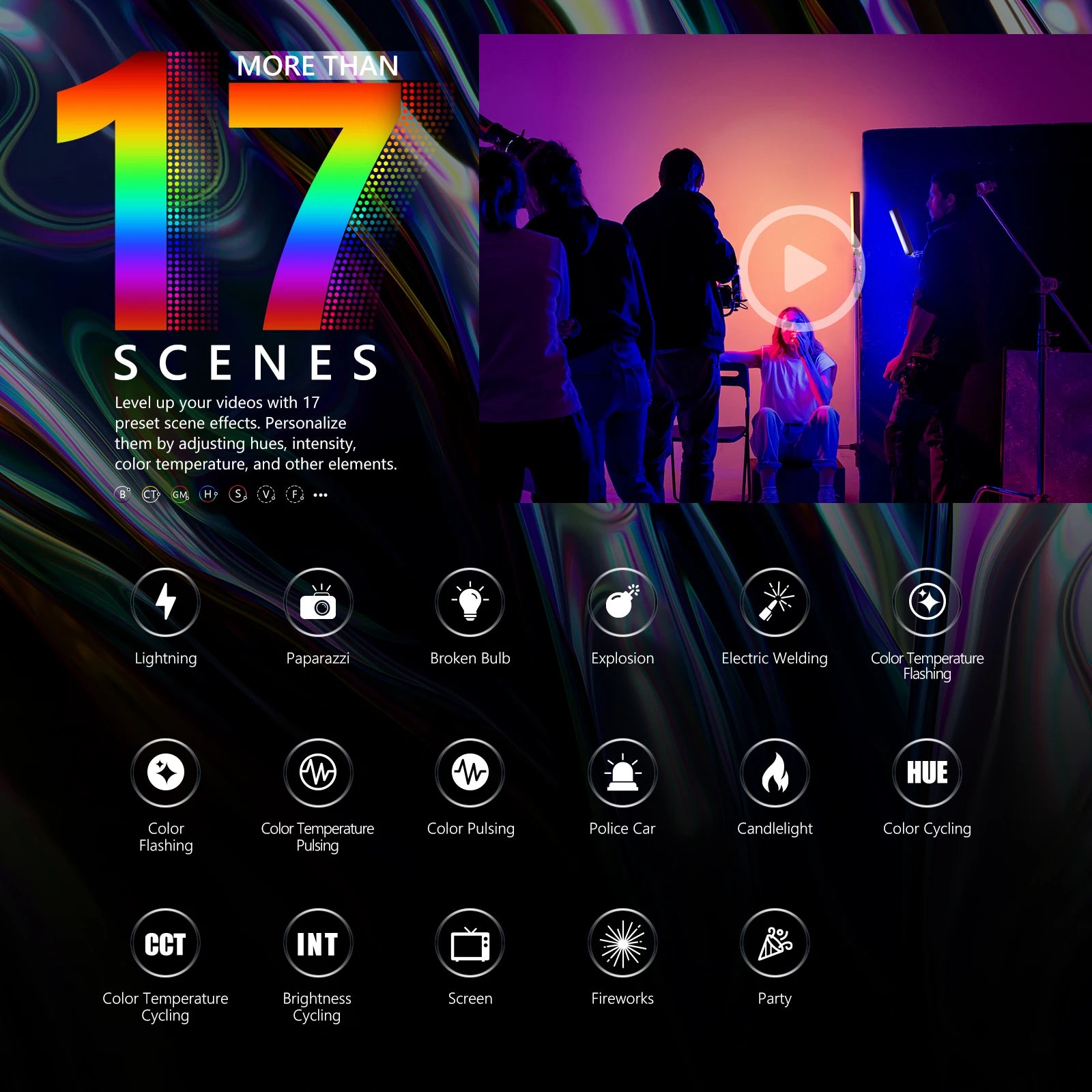 Video lighting remote with 17 preset effect icons for professional video production and lighting control.