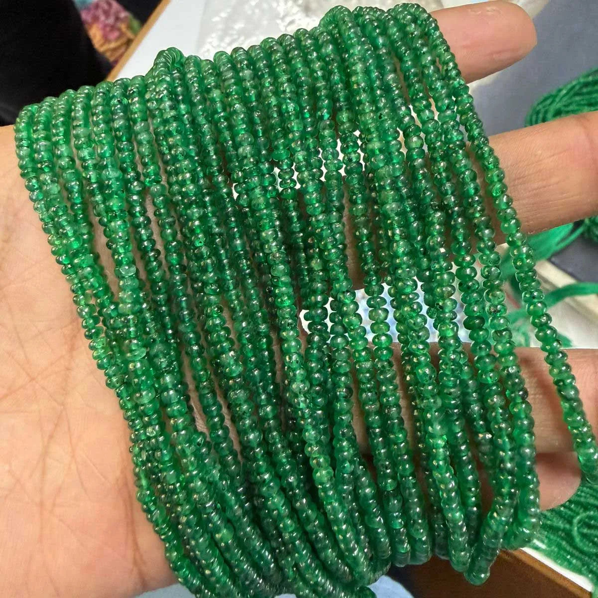 Best Seller Natural Green Rajasthan Emerald 3-4mm Smooth Rondelle Precious Stone Beads CMA Certified Genuine Gemstone Beads