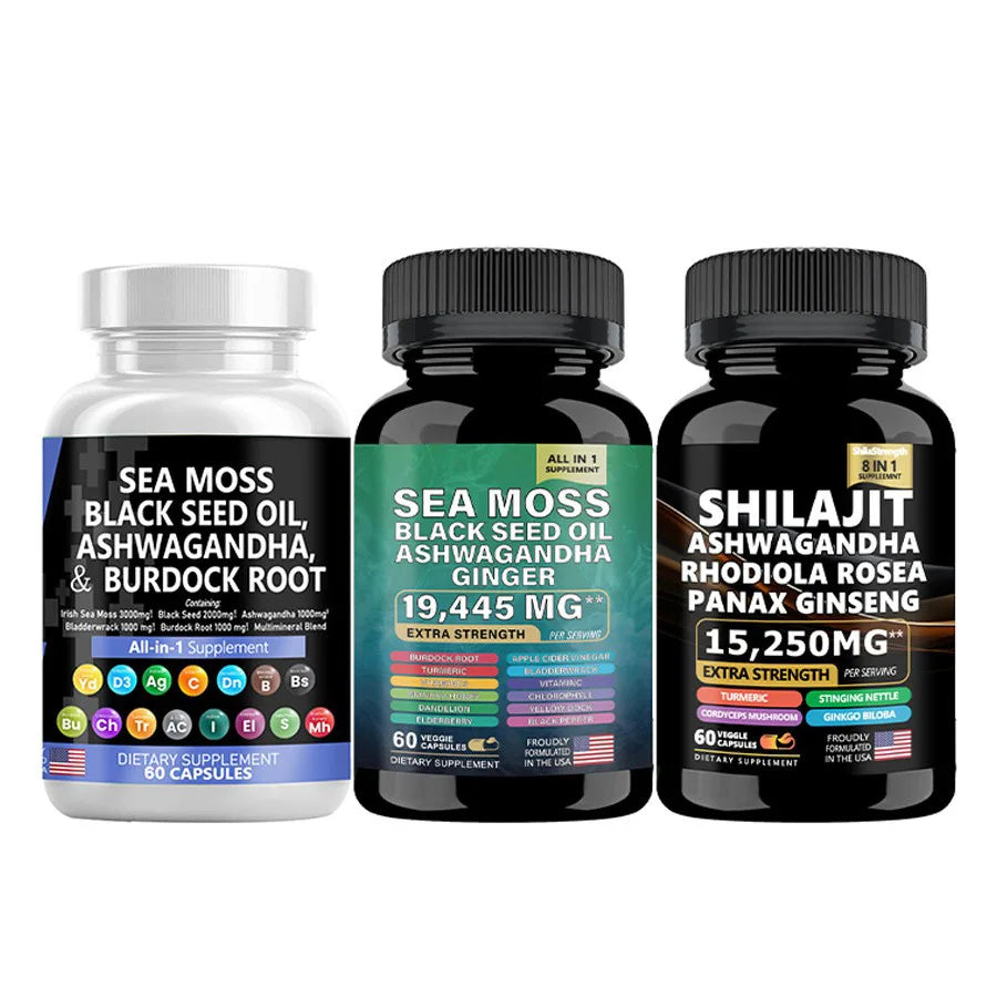 Sea Moss 3000mg Black Seed Oil Capsules Ashwagandha SHILAJIT Ginseng Chlorophyll for Women & Men Boosting Bone Skin Health