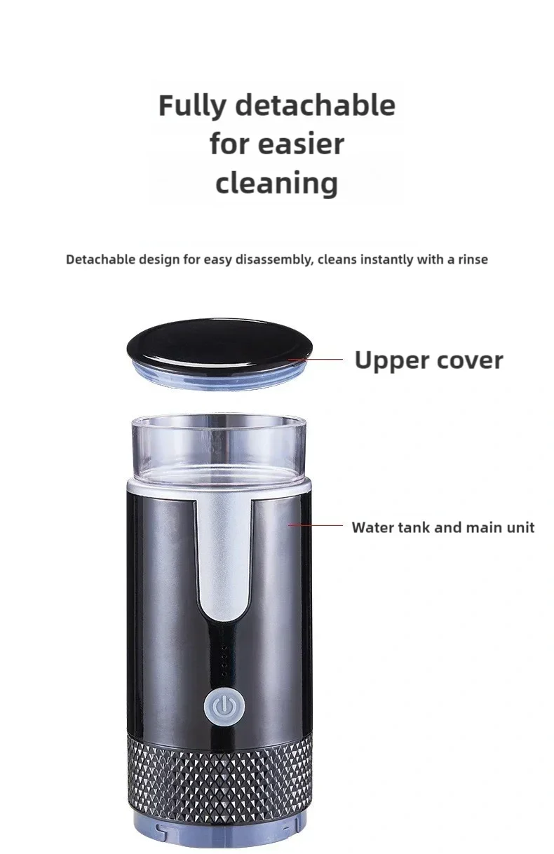 Portable black electric coffee maker with detachable lid and transparent water tank for easy cleaning.