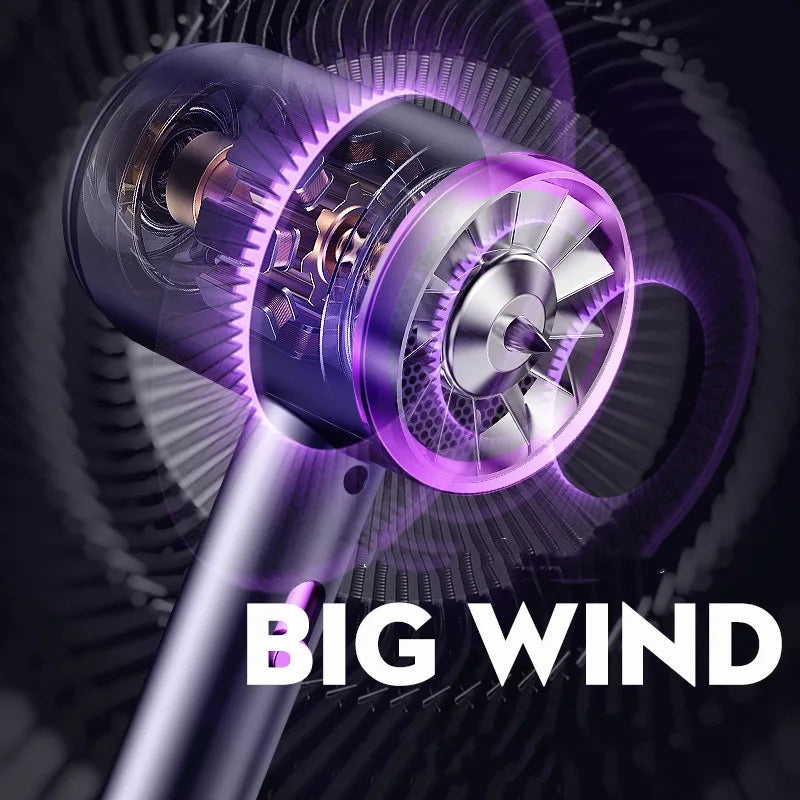 High-speed purple electric hair dryer with powerful motor, large wind technology, and fast, constant temperature drying.