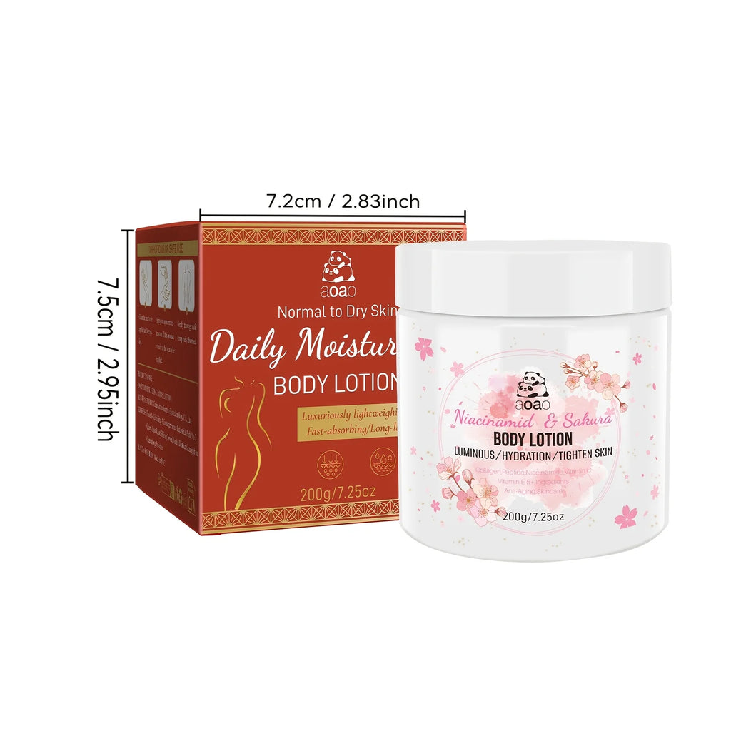 Sakura Niacinamide Moisturizing Body Lotion, infused with shea butter and cherry blossoms. Lightweight and non-greasy.