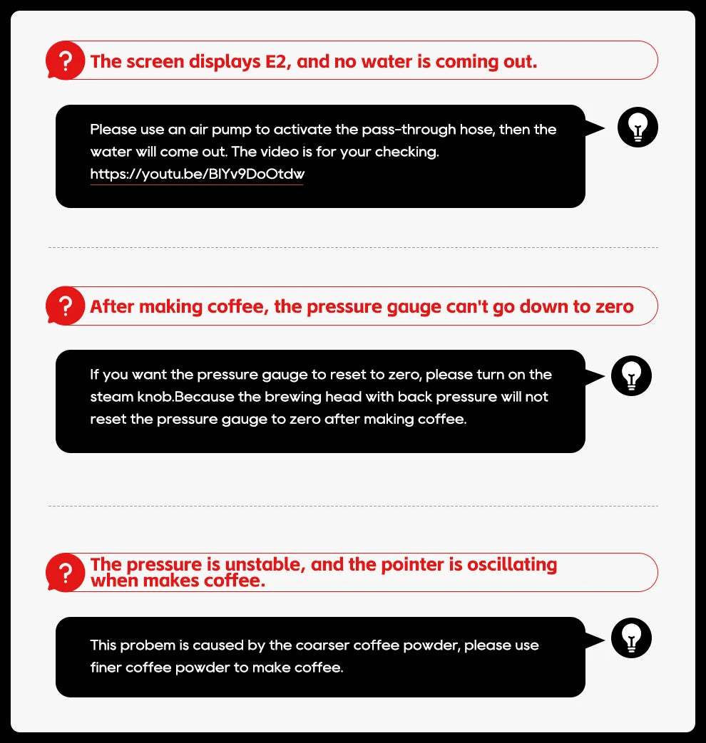 Espresso machine troubleshooting guide showing solutions for E2 error, pressure gauge reset, and unstable pressure issues.