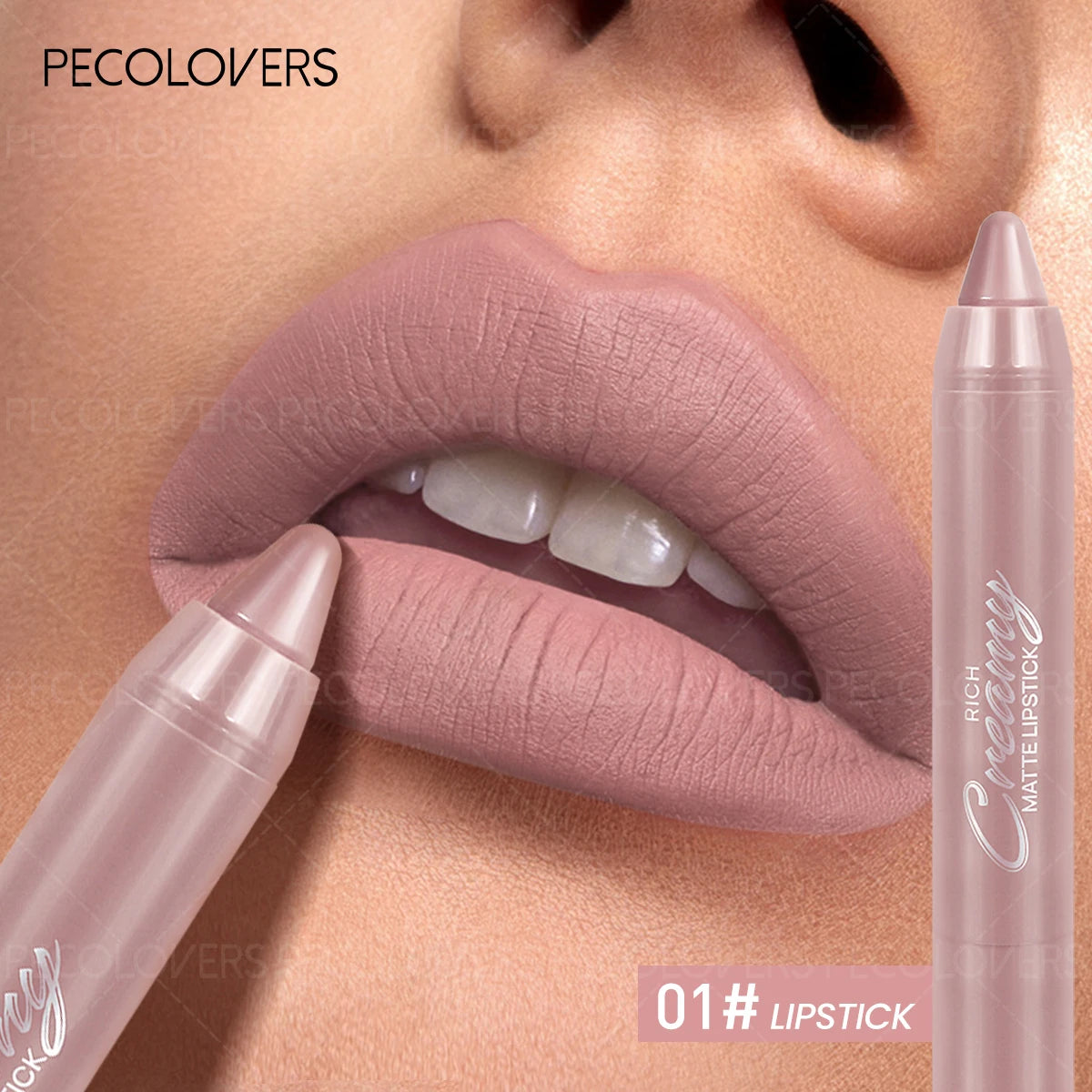 Creamy matte nude pink lip liner and lipstick in crayon form for plump, defined lips.