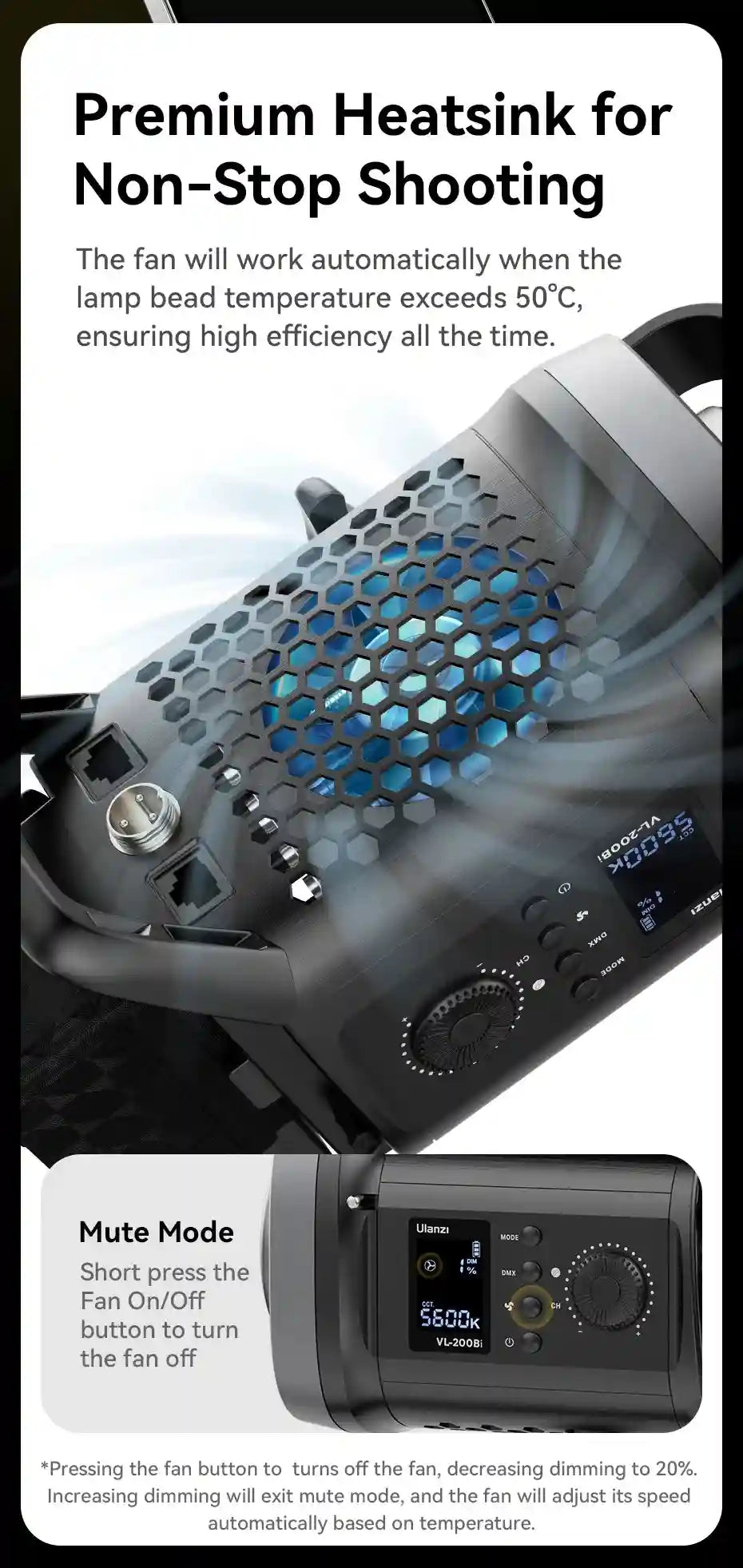 Black cylindrical LED video light with a honeycomb heatsink, internal cooling fan, and digital control display.