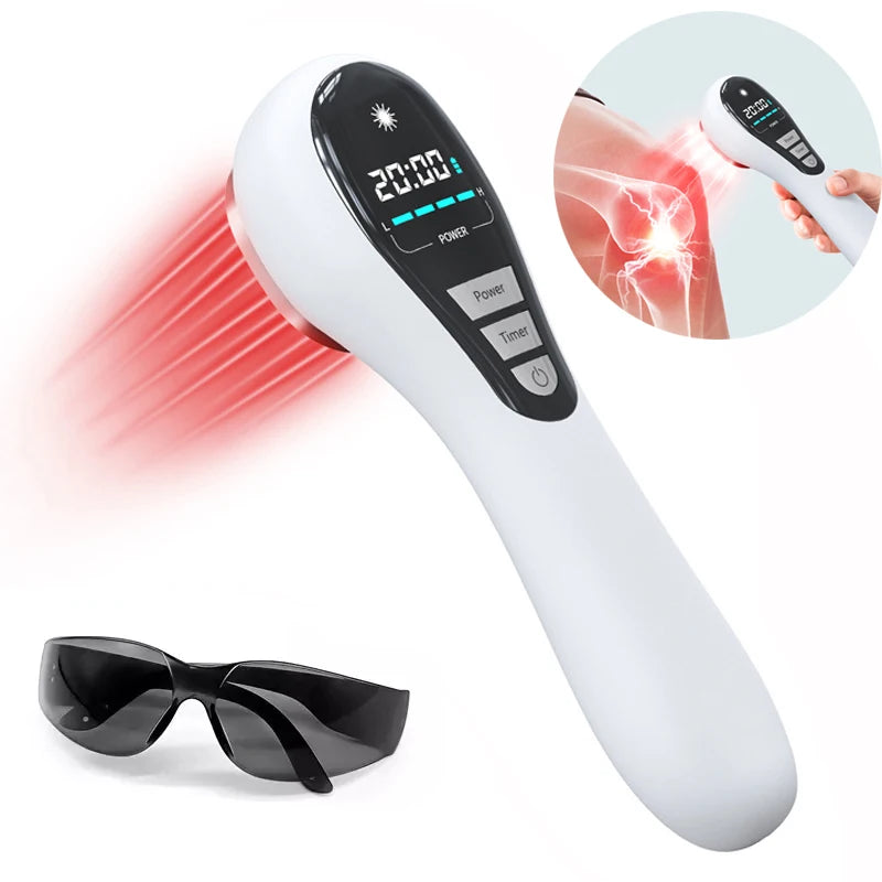Handheld LLLT infrared red light therapy device with timer and safety glasses for arthritis and joint pain relief.