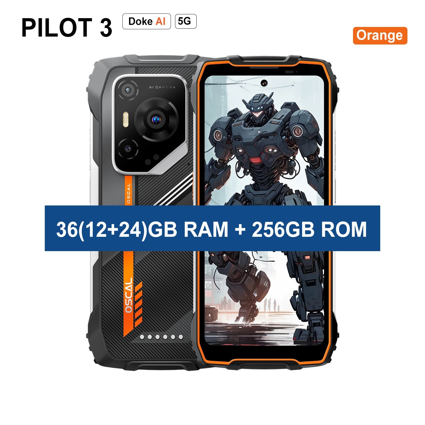 Blackview OSCAL PILOT 3 5G orange rugged smartphone, front and back view, 36GB RAM, 256GB storage, 6.78" display.