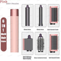 Pink 6-in-1 multi hair styler set with auto-curling barrels, smoothing combs, and hair dryer nozzle for salon styling.