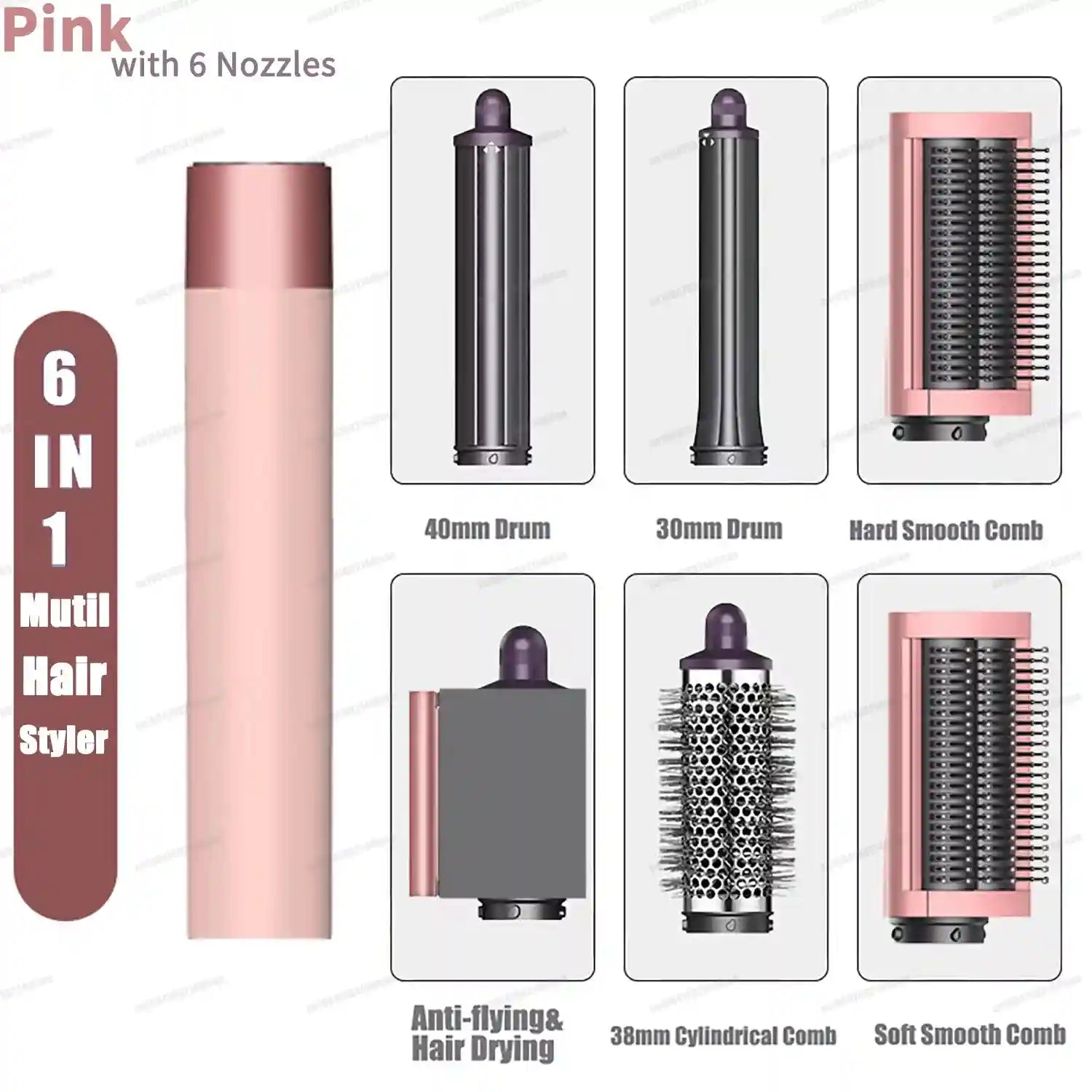 Pink 6-in-1 multi hair styler set with auto-curling barrels, smoothing combs, and hair dryer nozzle for salon styling.