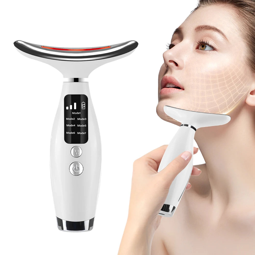 White handheld LED neck and face lifting massager with a digital screen and contoured metal head, used on jawline.