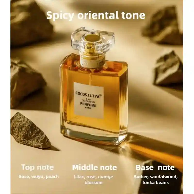 Cocosiliya EDP for women, rectangular glass bottle, spicy oriental fragrance with rose, amber, and sandalwood notes.