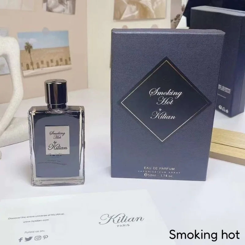 Kilian Smoking Hot Unisex EDP 50ml: Rectangular glass bottle, niche warm spicy oriental perfume with luxury box set.