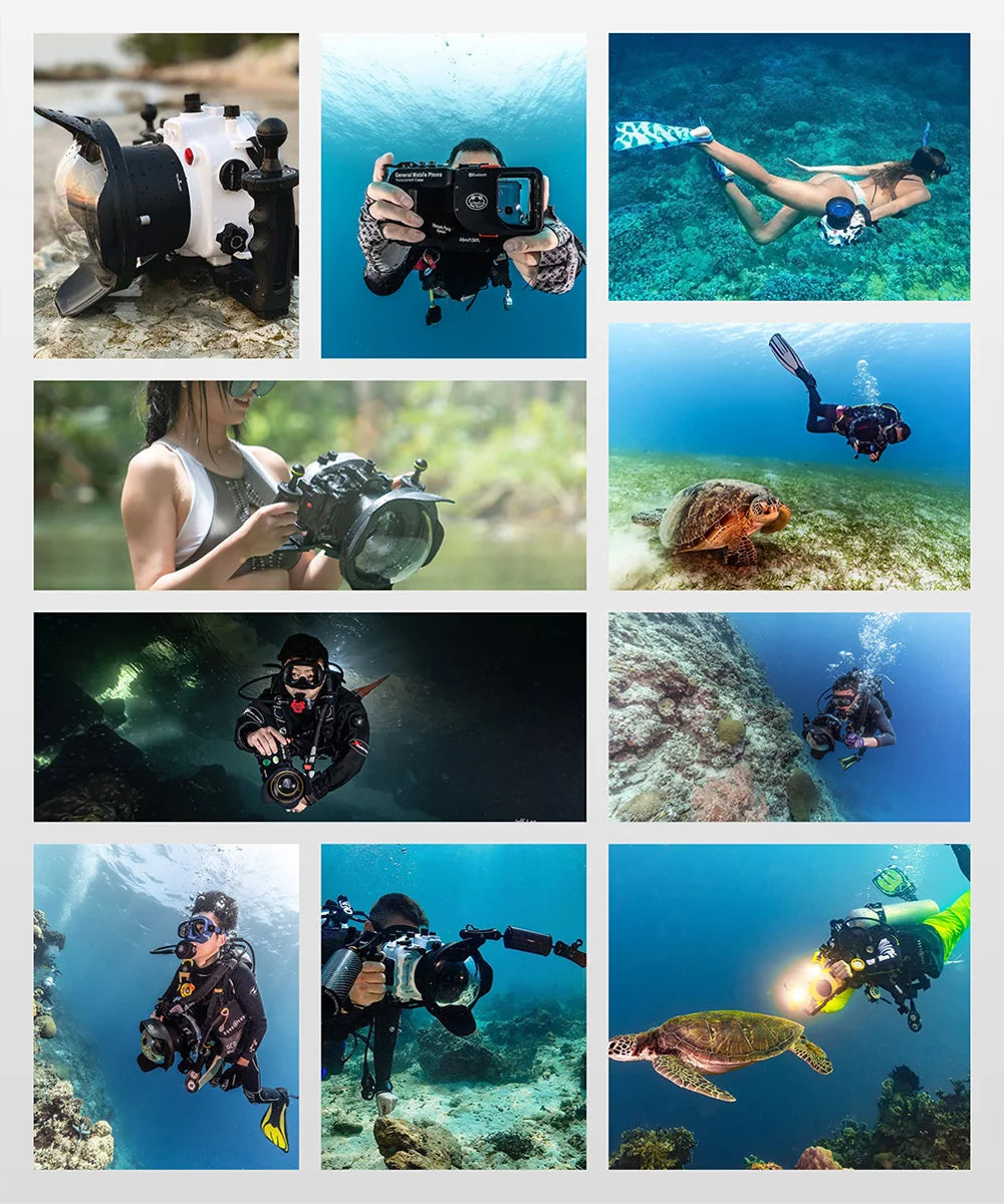 Underwater camera housing for smartphones. Black and white plastic waterproof cases with dome ports for diving
